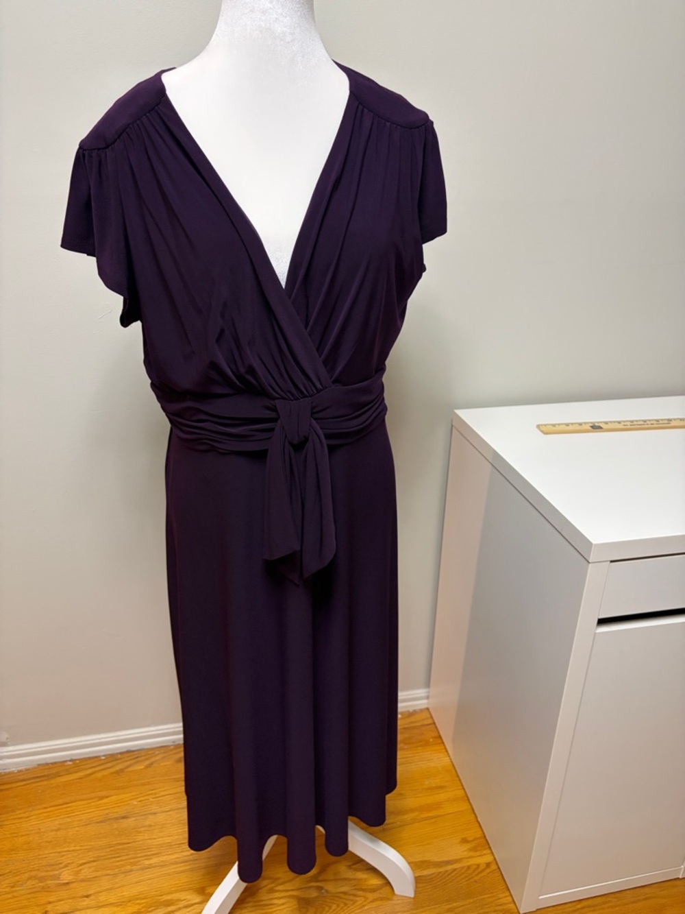 Evan Picone Deep Plum Wrap Midi Dress with Tie Waist Size 16